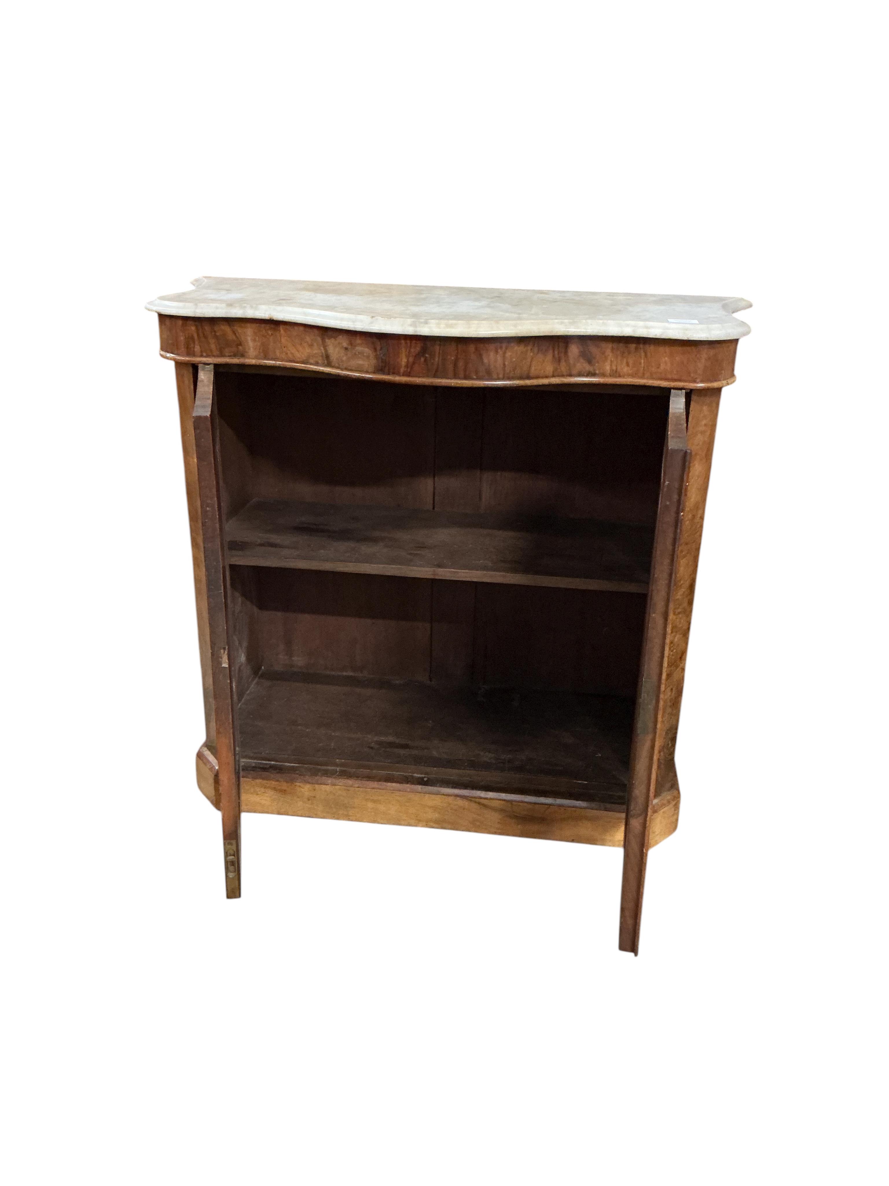 A Victorian walnut serpentine front marble top side cabinet, width 99cm, depth 46cm, height 87cm